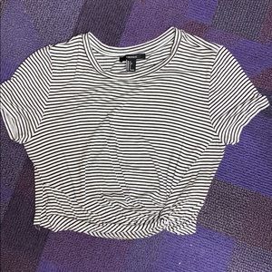 Striped Black and White Crop Knotted T-Shirt